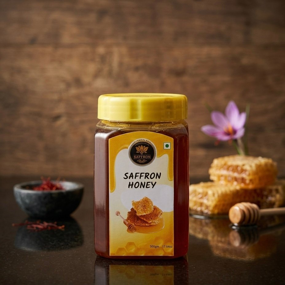 Kashmiri Kesar Honey – Pure Raw Honey with Real Saffron Strands | Luxury Wellness